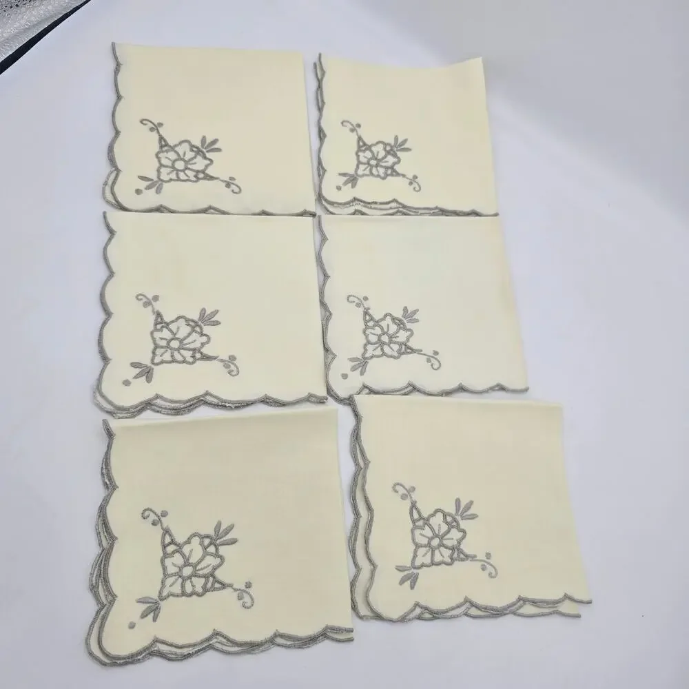 Vintage Embroidered Table Napkins Grandmacore Cottagecore Tea Party Ivory 6